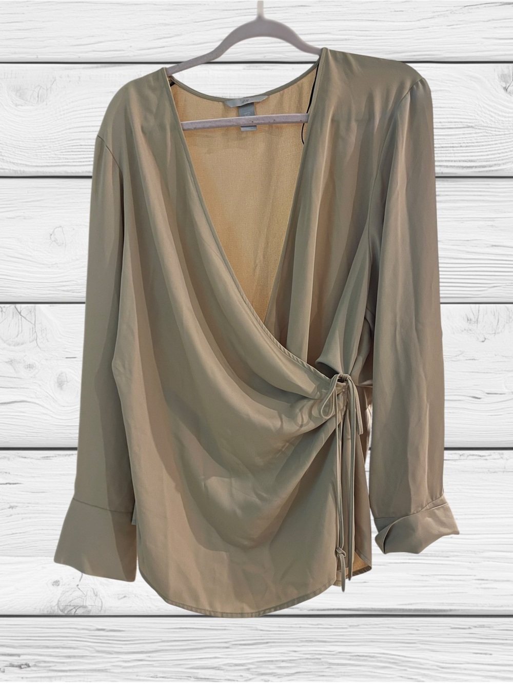 H&M Taupe Wrap-Style Long Sleeve Blouse with Side Tie